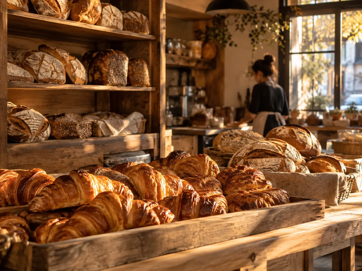 Estantes de madera con canastos de pan y croissants recién horneados